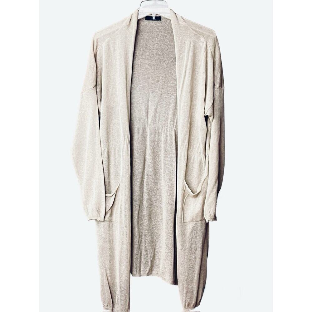 BACI SWEATER TAN SHEER LINEN BLEND LONG OPEN CARDIGAN MADE IN ITALY LARGE L